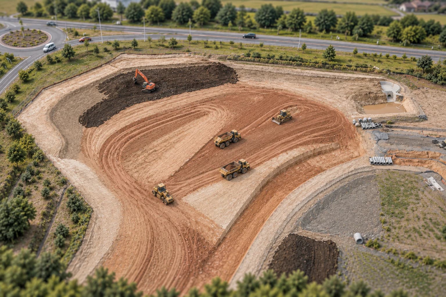 An active site prepared for construction with earthwork and drainage underway