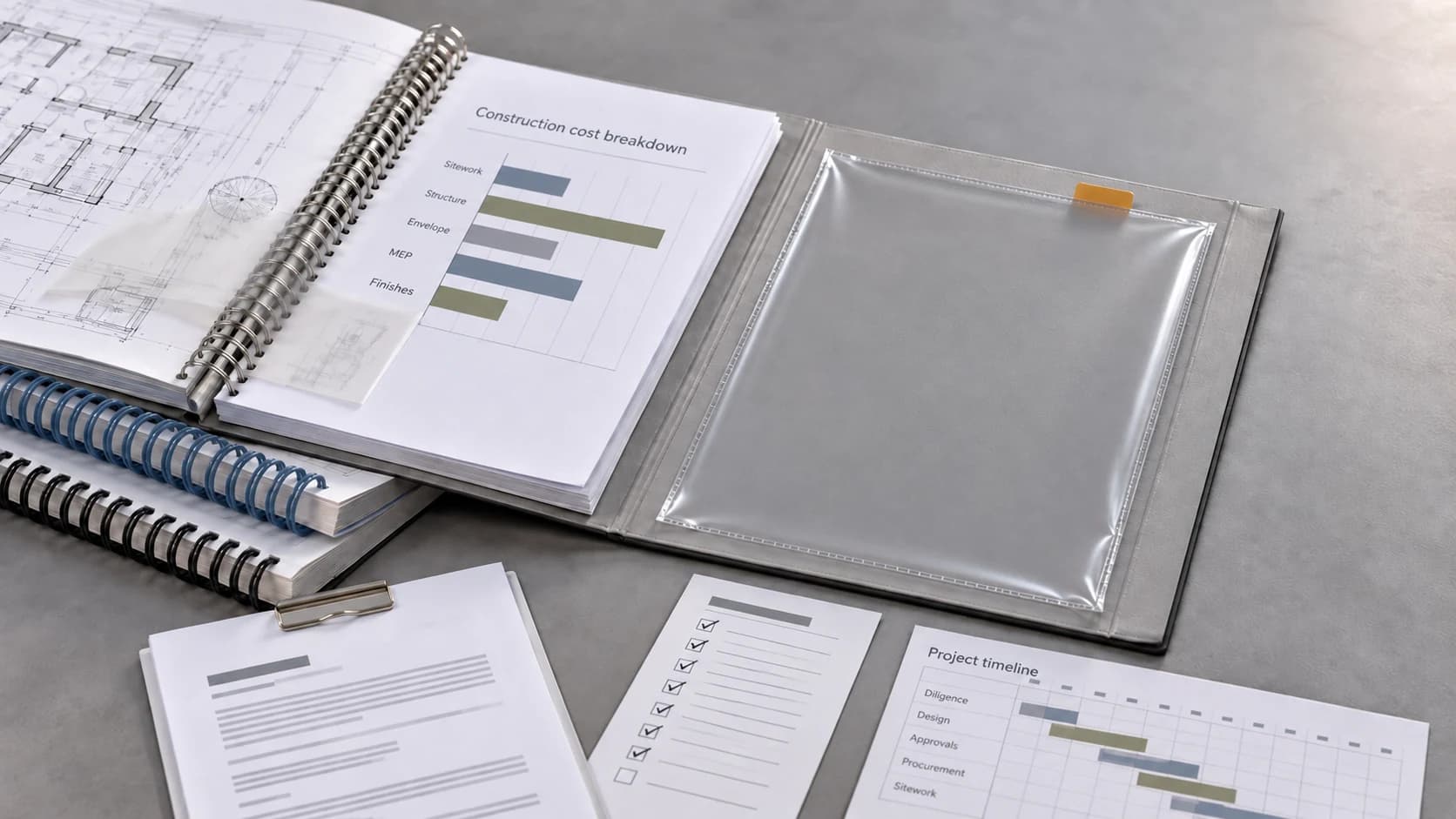 A coordinated application package, checklist, cost analysis, and timeline beside an empty sleeve for a missing consultant report